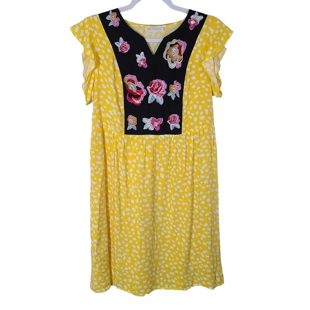 Kirundo Yellow Floral Embroidered ruffle hem boho viscose dress size‎ Small